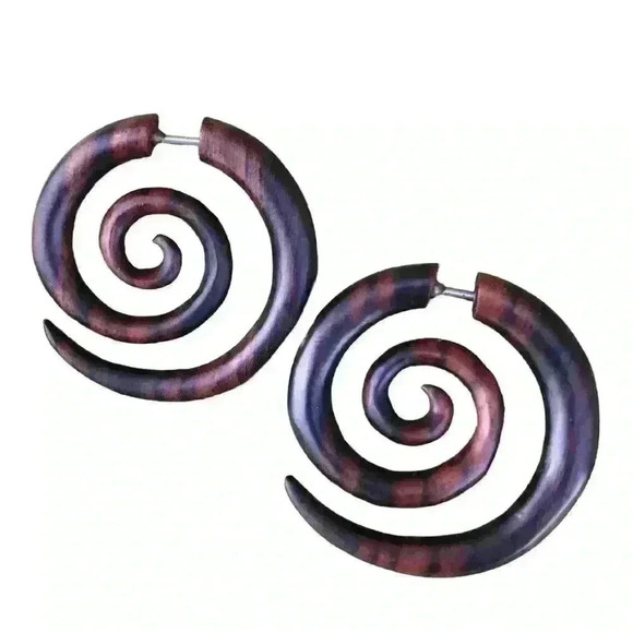 UMBRELLALABORATORY Jewelry - Organic wooden spiral hoop earrings fake gauges by umbrellalaboratory